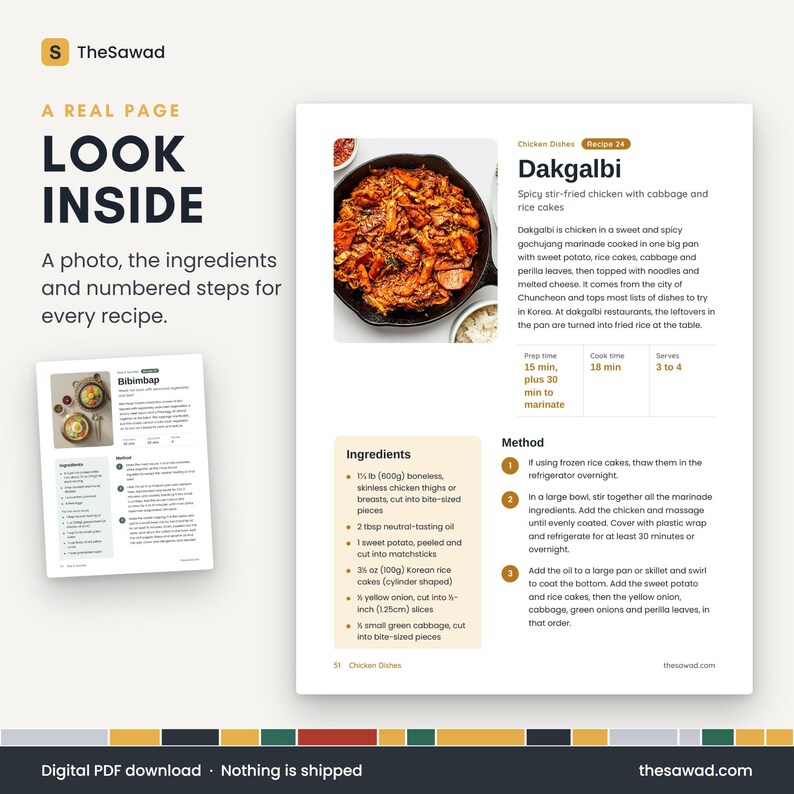 May include: A cookbook page titled Dakgalbi featuring a photo of spicy stir-fried chicken in a pan, a description, prep and cook times, and a list of ingredients and numbered cooking steps. The page includes text about chicken dishes.