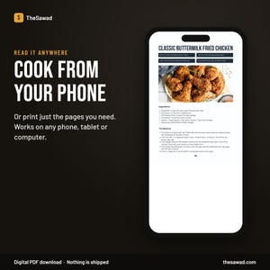 Puede incluir: Una p&aacute;gina de receta digital para pollo frito cl&aacute;sico con suero de leche mostrada en la pantalla de un tel&eacute;fono inteligente. La p&aacute;gina incluye una foto de pollo frito, ingredientes e instrucciones. El texto dice Cook From Your Phone.