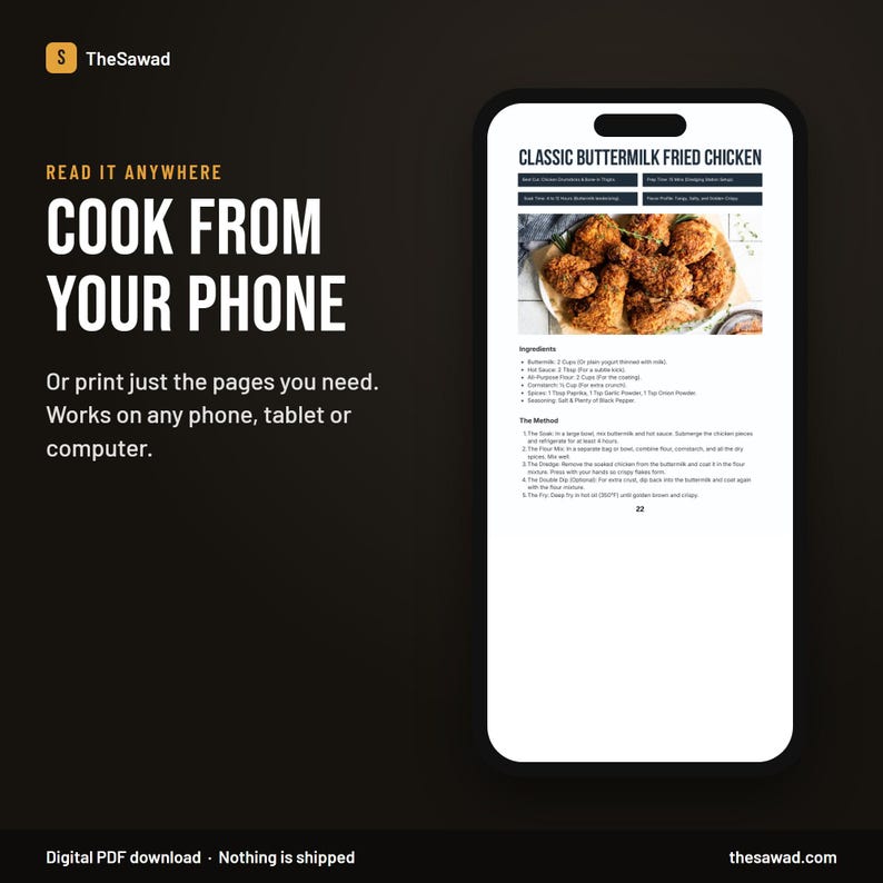 Puede incluir: Una p&aacute;gina de receta digital para pollo frito cl&aacute;sico con suero de leche mostrada en la pantalla de un tel&eacute;fono inteligente. La p&aacute;gina incluye una foto de pollo frito, ingredientes e instrucciones. El texto dice Cook From Your Phone.