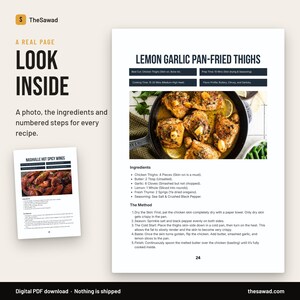 Puede incluir: Una p&aacute;gina de receta digital titulada Lemon Garlic Pan-Fried Thighs con una foto de pollo cocinado en una sart&eacute;n, una lista de ingredientes que incluye muslos de pollo, mantequilla, ajo, lim&oacute;n, tomillo y cinco pasos numerados.