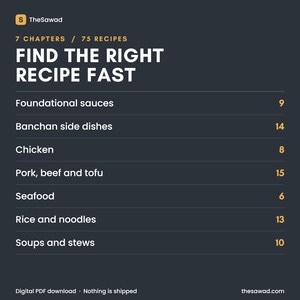 May include: A dark gray informational graphic titled FIND THE RIGHT RECIPE FAST, listing 7 chapters and 75 recipes. Categories include Foundational sauces, Banchan side dishes, Chicken, Pork, beef and tofu, Seafood, Rice and noodles, and Soups and stews.