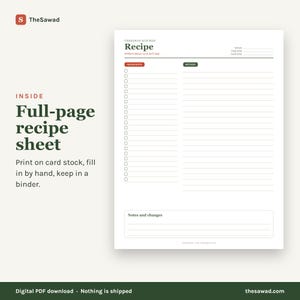 May include: A white full-page recipe sheet with dark green and red text. The header reads TheSawad Kitchen Recipe. It includes sections for Ingredients with checkboxes, Method with lines, and a Notes and changes box at the bottom.