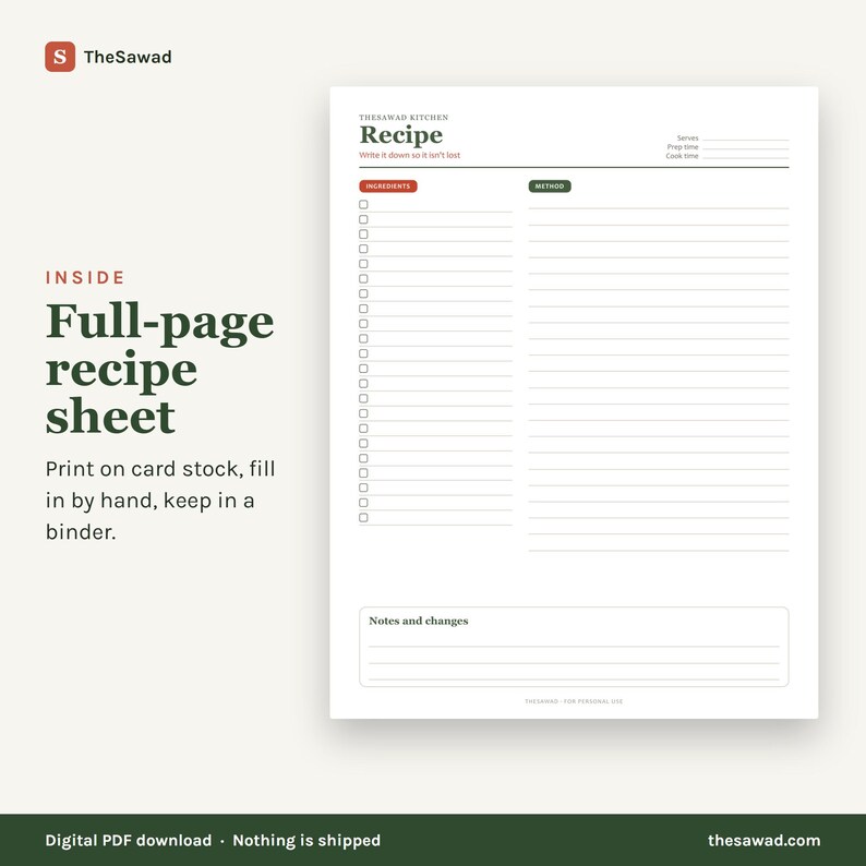 May include: A white full-page recipe sheet with dark green and red text. The header reads TheSawad Kitchen Recipe. It includes sections for Ingredients with checkboxes, Method with lines, and a Notes and changes box at the bottom.