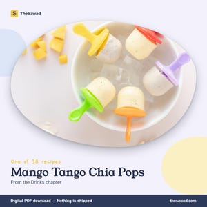 May include: Five small, round, cream-colored popsicles with colorful handles in yellow, red, purple, green, and orange, resting in a white bowl with ice cubes. Text reads: One of 38 recipes, Mango Tango Chia Pops, From the Drinks chapter.