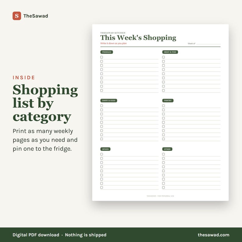May include: A white digital shopping list template with dark green text and headers. The page is titled This Week's Shopping and features six categorized sections including Produce, Meat & Fish, Dairy & Eggs, Pantry, Spices, and Other, each with checkboxes and lines for writing items.