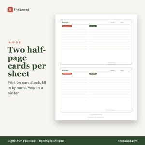 May include: A printable sheet featuring two identical recipe cards with sections for ingredients, method, servings, time, and from the kitchen of. The layout includes red and green labels, horizontal lines, and text.