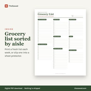 May include: A white grocery list template with dark green headers for categories like Fruit & Vegetables, Dairy & Eggs, and Meat, Chicken & Fish. The document features checkboxes and lines for writing items, with the text Grocery List at the top.