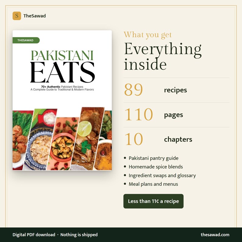May include: A digital cookbook titled Pakistani Eats featuring 89 recipes, 110 pages, and 10 chapters. The cover displays various food dishes. Text includes: What you get, Everything inside, Pakistani pantry guide, and homemade spice blends.