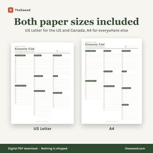 May include: Two printable grocery list templates labeled TheSawad Kitchen. One sheet is US Letter size and the other is A4 size. Both white pages feature dark green headers, checkboxes, and lines for organizing food items by category.