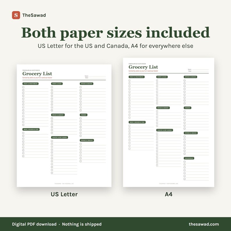 May include: Two printable grocery list templates labeled TheSawad Kitchen. One sheet is US Letter size and the other is A4 size. Both white pages feature dark green headers, checkboxes, and lines for organizing food items by category.