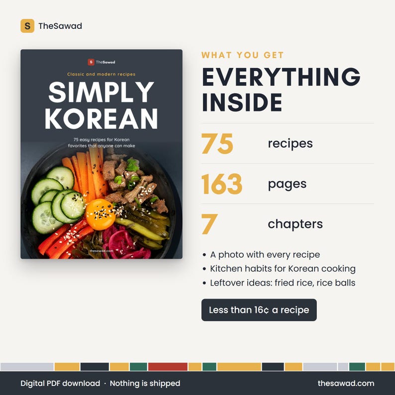 May include: A digital cookbook titled Simply Korean featuring 75 recipes, 163 pages, and 7 chapters. The cover displays a bowl of bibimbap with sliced cucumbers, carrots, meat, and an egg yolk. Text includes What You Get Everything Inside.
