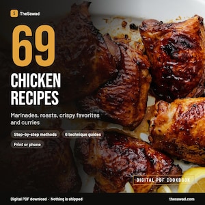 Puede incluir: Un libro de cocina digital en PDF titulado 69 CHICKEN RECIPES con im&aacute;genes de trozos de pollo asado y glaseado. El texto incluye Marinades, roasts, crispy favorites and curries, Step-by-step methods, 6 technique guides y Print or phone.