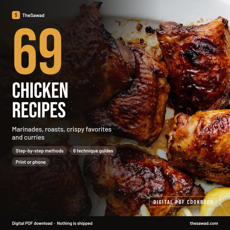 Puede incluir: Un libro de cocina digital en PDF titulado 69 CHICKEN RECIPES con im&aacute;genes de trozos de pollo asado y glaseado. El texto incluye Marinades, roasts, crispy favorites and curries, Step-by-step methods, 6 technique guides y Print or phone.