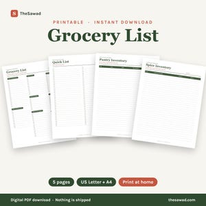 May include: A set of four printable digital pages including a Grocery List, Quick List, Pantry Inventory, and Spice Inventory. Each white page features dark green text, headers, and organized checklists with lines for writing items.