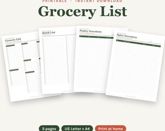 May include: A set of four printable digital pages including a Grocery List, Quick List, Pantry Inventory, and Spice Inventory. Each white page features dark green text, headers, and organized checklists with lines for writing items.