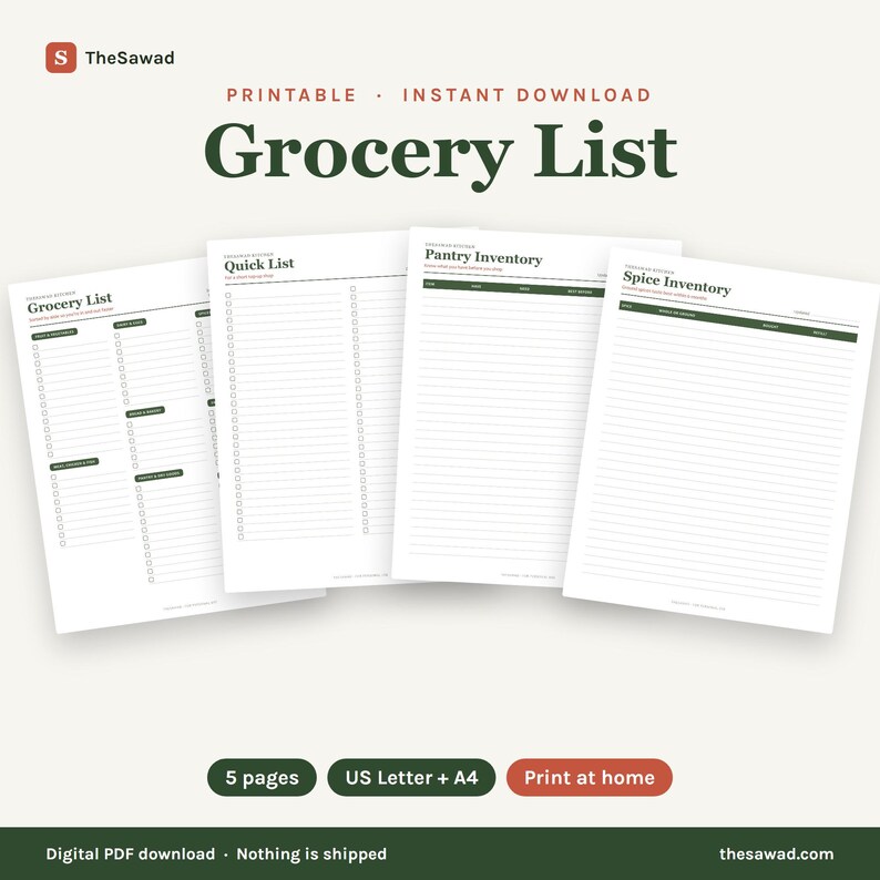 May include: A set of four printable digital pages including a Grocery List, Quick List, Pantry Inventory, and Spice Inventory. Each white page features dark green text, headers, and organized checklists with lines for writing items.