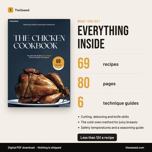 Puede incluir: El libro de cocina The Chicken Cookbook muestra un pollo asado en la portada con texto que incluye 69 recetas, 80 p&aacute;ginas y 6 gu&iacute;as t&eacute;cnicas. Enumera contenidos como corte, deshuesado, habilidades con el cuchillo, m&eacute;todo de horno fr&iacute;o y temperaturas.