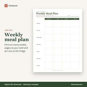 May include: A white weekly meal plan template with dark green headers and grid lines. The document features the text TheSawad Kitchen, Weekly Meal Plan, and columns for Breakfast, Lunch, Dinner, and Snacks, with rows for each day of the week.