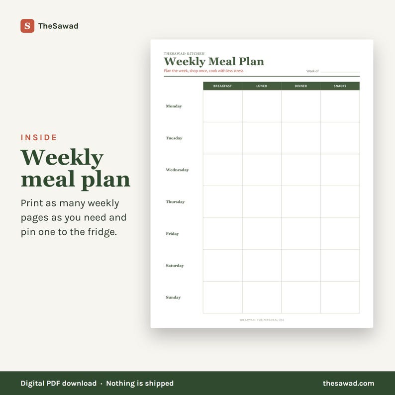 May include: A white weekly meal plan template with dark green headers and grid lines. The document features the text TheSawad Kitchen, Weekly Meal Plan, and columns for Breakfast, Lunch, Dinner, and Snacks, with rows for each day of the week.