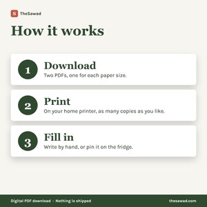 May include: An instructional graphic titled How it works with the logo TheSawad. It lists three steps in dark green circles: 1 Download, two PDFs for each paper size; 2 Print, on a home printer; 3 Fill in, write by hand or pin on the fridge.