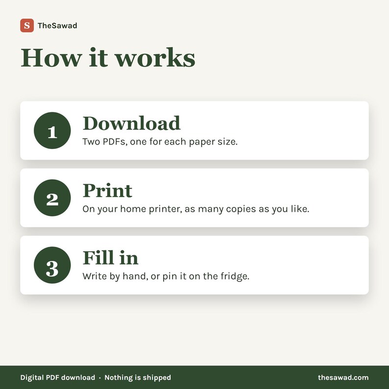May include: An instructional graphic titled How it works with the logo TheSawad. It lists three steps in dark green circles: 1 Download, two PDFs for each paper size; 2 Print, on a home printer; 3 Fill in, write by hand or pin on the fridge.