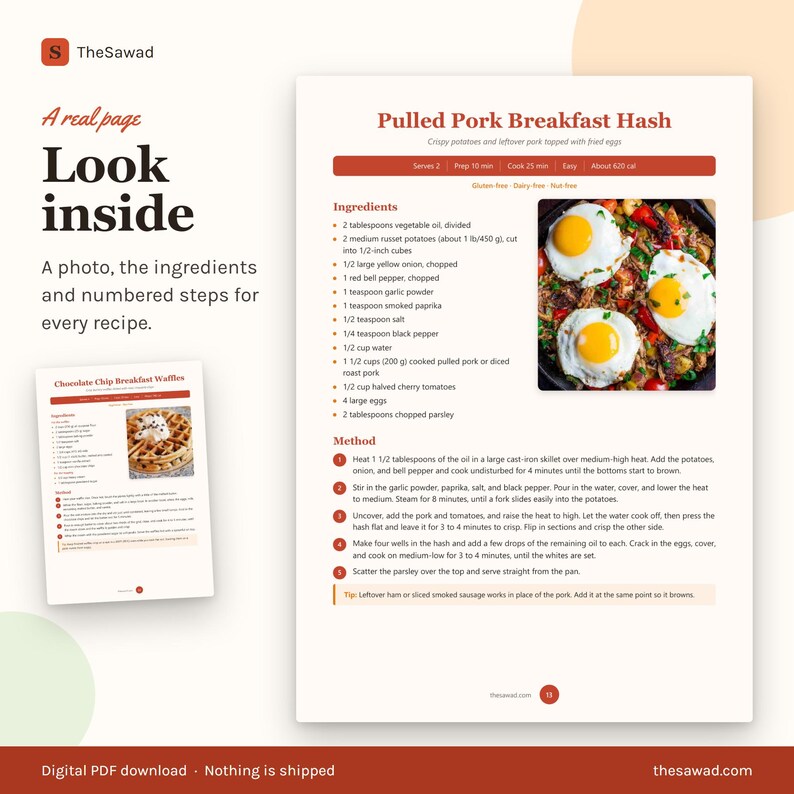 May include: A digital recipe page titled Pulled Pork Breakfast Hash featuring a list of ingredients, numbered cooking steps, and a photograph of a skillet containing cooked pork, vegetables, and three fried eggs with bright yellow yolks.