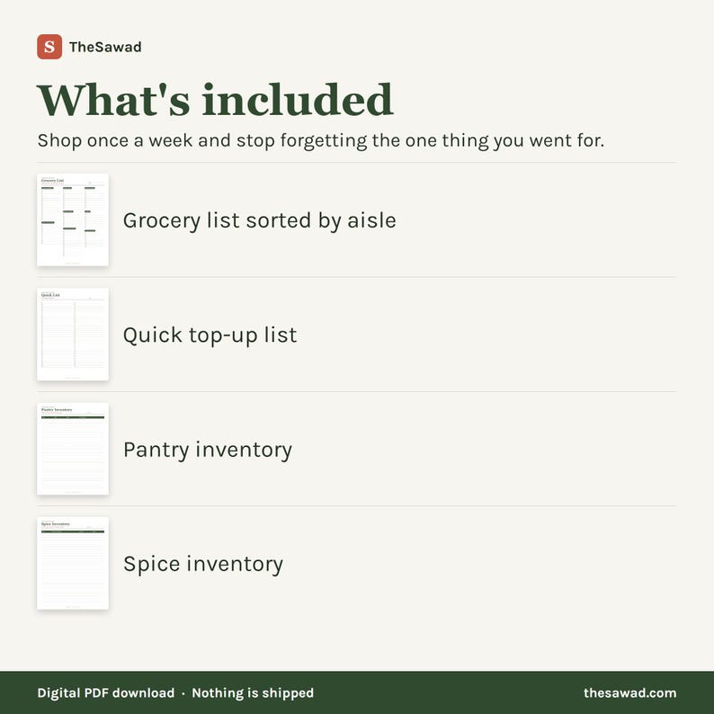 May include: A digital document titled What's included from TheSawad featuring four printable templates: a grocery list sorted by aisle, a quick top-up list, a pantry inventory, and a spice inventory, all displayed on a light background.