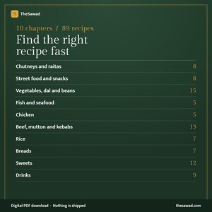 May include: A dark green digital document page titled TheSawad with 10 chapters and 89 recipes. It lists categories including Chutneys and raitas, Street food and snacks, Vegetables, dal and beans, Fish and seafood, Chicken, Beef, mutton and kebabs, Rice, Breads, Sweets, and Drinks.