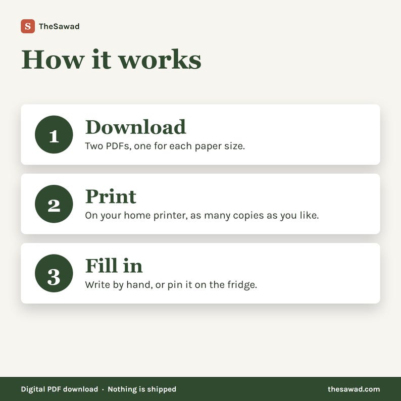 May include: An instructional graphic titled How it works with the logo TheSawad. It lists three steps: 1. Download two PDFs, one for each paper size. 2. Print on your home printer as many copies as you like. 3. Fill in by hand or pin on the fridge.