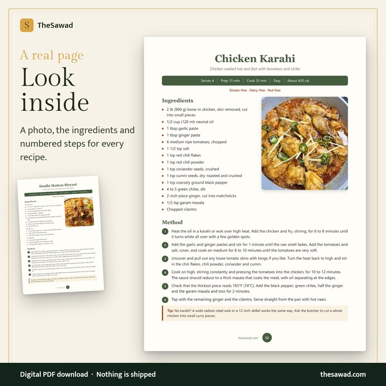 May include: A digital recipe page titled Chicken Karahi featuring a list of ingredients, a numbered method section, and a color photograph of the finished dish. The page includes preparation details, serving information, and a tip about cookware.