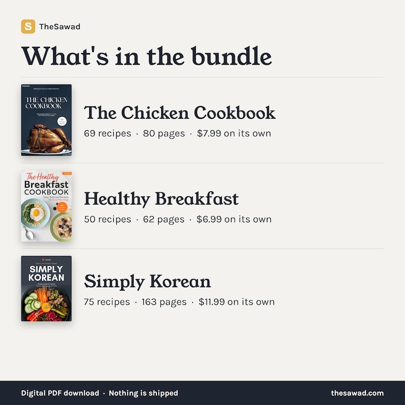 May include: A digital bundle infographic titled What's in the bundle from TheSawad. It lists three cookbooks: The Chicken Cookbook with 69 recipes and 80 pages, Healthy Breakfast with 50 recipes and 62 pages, and Simply Korean with 75 recipes and 163 pages.