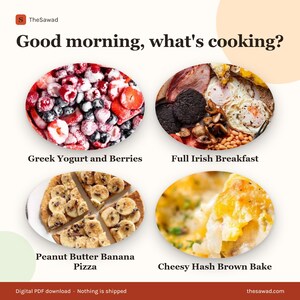 May include: A digital PDF download titled Good morning, what's cooking? featuring four oval images of food: Greek Yogurt and Berries, Full Irish Breakfast, Peanut Butter Banana Pizza, and Cheesy Hash Brown Bake, with the website thesawad.com listed.