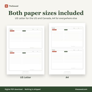 May include: A digital recipe card template featuring two layouts labeled US Letter and A4. Each sheet contains two recipe forms with fields for ingredients, method, servings, and time. The text reads Both paper sizes included, US Letter for the US and Canada, A4 for everywhere else.