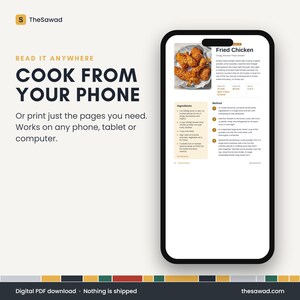 May include: A digital smartphone display showing a recipe page for Fried Chicken. The screen features a photo of fried chicken, a list of ingredients, and numbered cooking instructions. Text on the left reads: READ IT ANYWHERE COOK FROM YOUR PHONE.