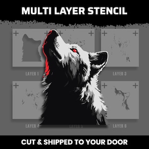 Könnte beinhalten: Eine mehrschichtige Schablone mit einer grafischen Illustration eines heulenden Wolfes mit roten Augen. Das Design besteht aus sechs verschiedenen Schichten, die jeweils nummeriert sind und die fortschreitenden Details des Fells zeigen.