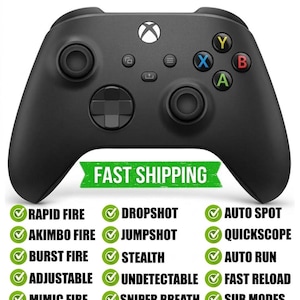 May include: A matte black wireless game controller featuring a central Xbox logo button, two analog sticks, a directional pad, and four colored action buttons labeled Y, X, B, and A. Below the controller is a list of features including Rapid Fire, Dropshot, Auto Spot, Akimbo Fire, Jumpshot, Quickscope, Burst Fire, Stealth, Auto Run, Adjustable, Undetectable, Fast Reload, Mimic Fire, Sniper Breath, and Sub Modes.