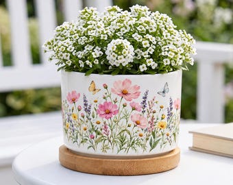 May include: A white ceramic cylindrical planter featuring a colorful botanical print of pink cosmos, lavender, and yellow wildflowers with small butterflies. The planter sits on a circular light brown bamboo saucer and holds white flowers.