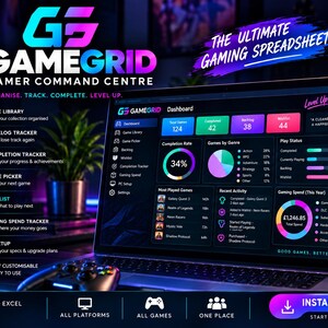 Könnte beinhalten: Ein Laptop-Bildschirm zeigt die GameGrid Gamer Command Centre Tabellenkalkulation mit dunklem Design, neonblauem und pinkem Text sowie farbigen Diagrammen. Das Dashboard enthält Statistiken zur Spielesammlung, Abschlussraten und Ausgaben.