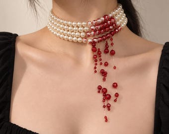 Gothic Vampire Choker Necklace Dripping Blood Pearl Necklace Halloween Jewelry Red Black Costume Accessory