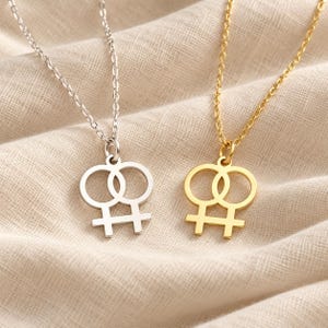 Op de afbeelding: Twee kettingen met in elkaar grijpende vrouwelijke geslachtssymbolen als hangers. De ene ketting is zilverkleurig met een bijpassende hanger, de andere is goudkleurig met een bijpassende hanger. Beide hebben fijne schakelkettingen.