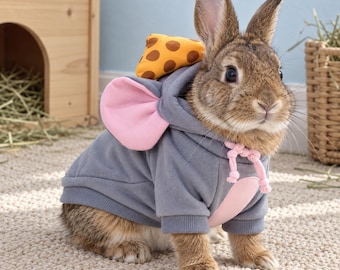 Maus-Haustier-Hoodie mit rosa Ohren und Käse-Detail, graues Hunde- und Katzenkostüm