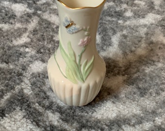 Lenox Bud Vase embossed with leaves, pink flower and butterfly