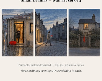 Evening Street Wall Art Set of 3, Ink Watercolour Prints (Digital Download)