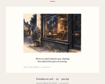Thinking of You Card, Cafe Window Empty Chair Illustration (A5 Digital Download)