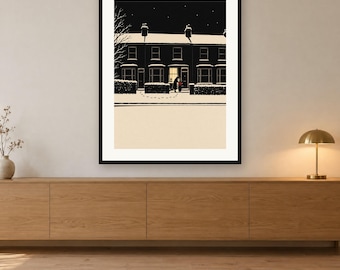 Christmas Wall Art Printable, Snowy Street at Night, Minimalist Holiday Print