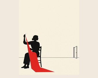 Red Thread Wall Art Printable, Woman Sewing Silhouette, Minimalist Black Cream Poster