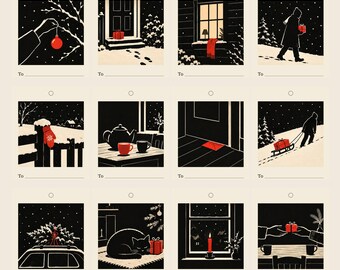 Printable Christmas Gift Tags, Set of 12 Minimalist Red and Black Holiday Tags