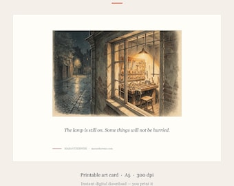 Printable Art Card, Workshop Window at Night, Lamplit Street, AI Generated Digital Download