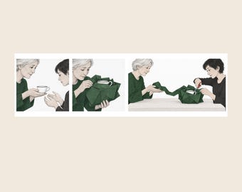Mother Daughter Wall Art Printable, Teacup Gift Triptych, Green Panoramic Kitchen Print