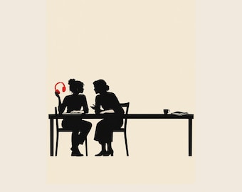 Kitchen Wall Art Printable, Two Women Talking, Red Headphones Silhouette